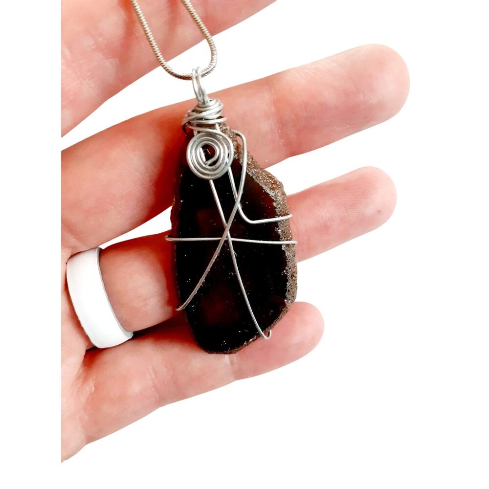 Brown Agate Slice Wire Wrap Necklace - Handmade Jewelry